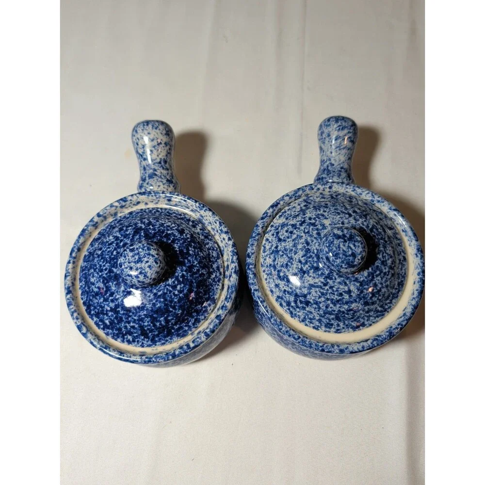 2 Vintage Stoneware Blue and White Splatterware or Spongeware lidded crock